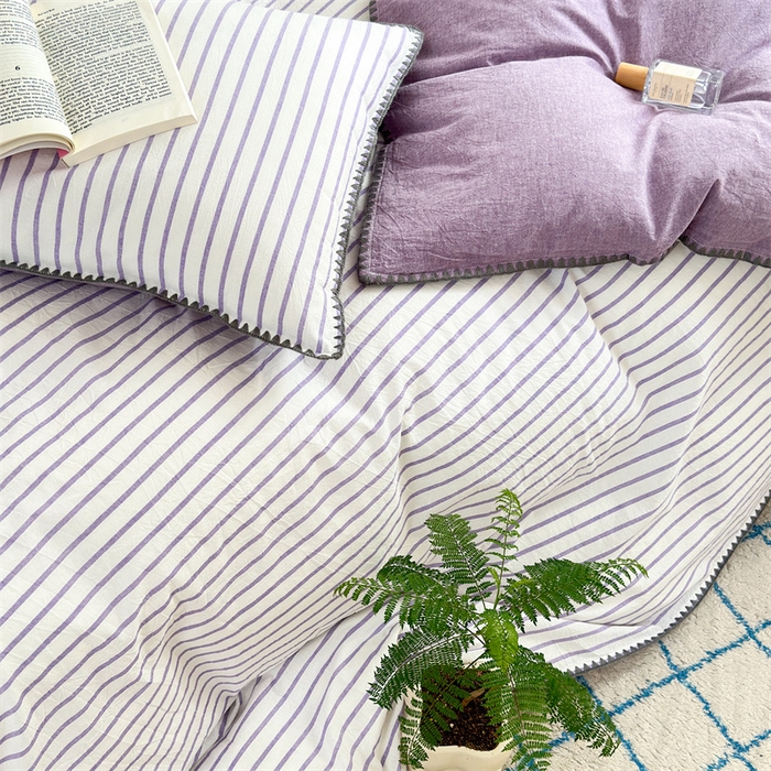 91家纺网 家纺一手货源 找家纺 晚依家纺 2025新款A类全棉色织水洗棉被套单件格子条纹四件套学生宿舍被罩三件套定制定做 诺言-紫