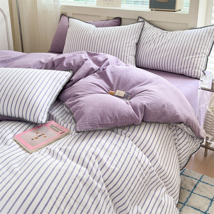 91家纺网 家纺一手货源 找家纺 晚依家纺 2025新款A类全棉色织水洗棉被套单件格子条纹四件套学生宿舍被罩三件套定制定做 诺言-紫