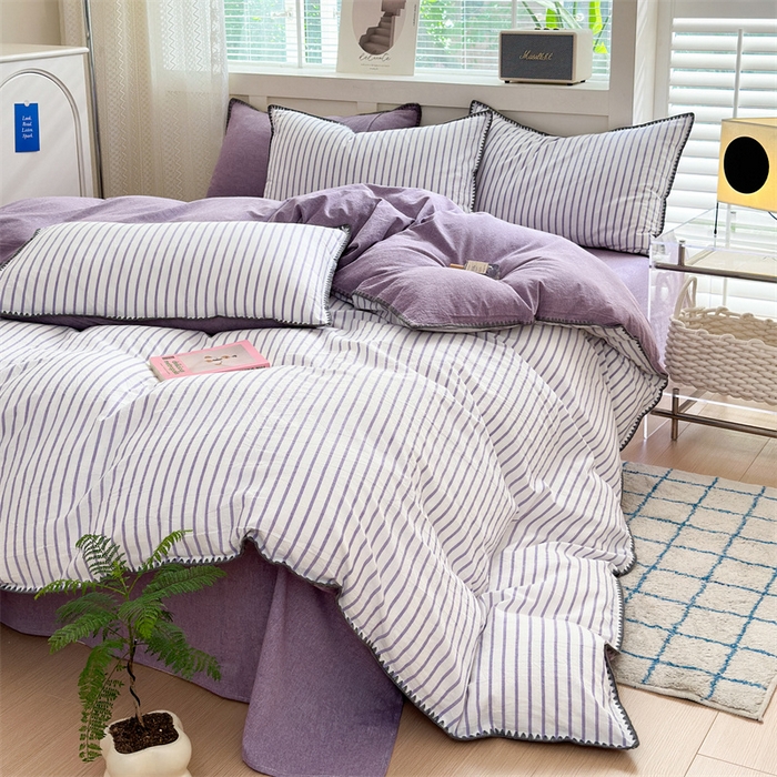 91家纺网 家纺一手货源 找家纺 晚依家纺 2025新款A类全棉色织水洗棉被套单件格子条纹四件套学生宿舍被罩三件套定制定做 诺言-紫