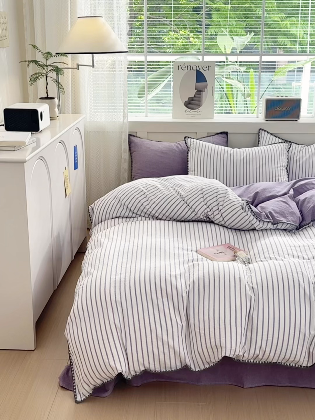 91家纺网 家纺一手货源 找家纺 晚依家纺 2025新款A类全棉色织水洗棉被套单件格子条纹四件套学生宿舍被罩三件套定制定做 诺言-紫