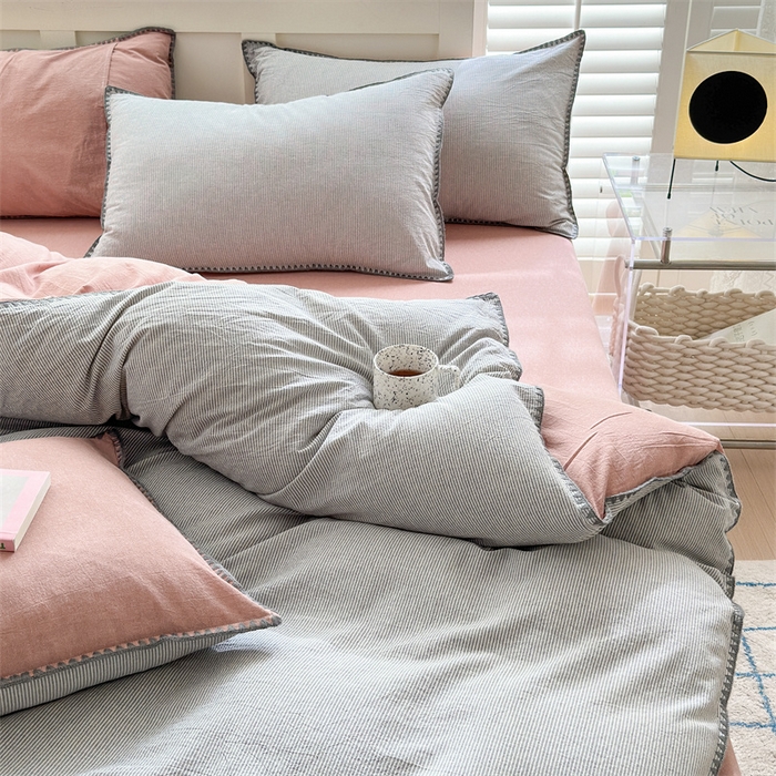 91家纺网 家纺一手货源 找家纺 晚依家纺 2025新款A类全棉色织水洗棉被套单件格子条纹四件套学生宿舍被罩三件套定制定做 时光-灰豆沙