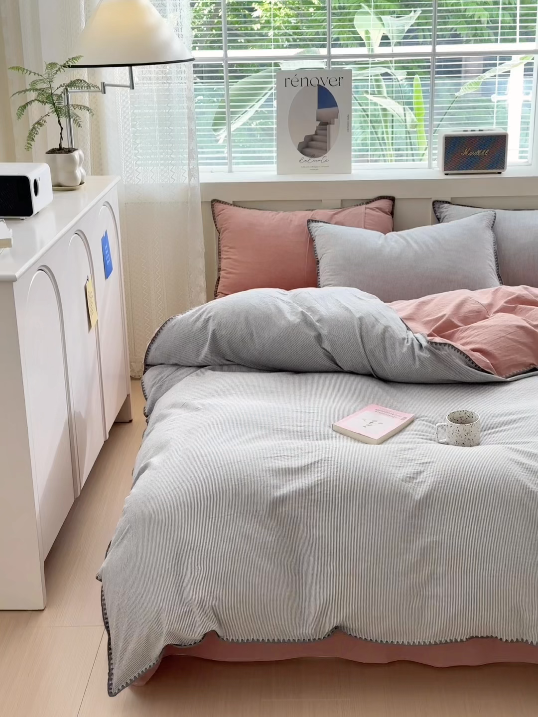 91家纺网 家纺一手货源 找家纺 晚依家纺 2025新款A类全棉色织水洗棉被套单件格子条纹四件套学生宿舍被罩三件套定制定做 时光-灰豆沙