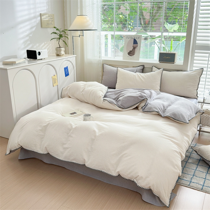 91家纺网 家纺一手货源 找家纺 晚依家纺 2025新款A类全棉色织水洗棉被套单件格子条纹四件套学生宿舍被罩三件套定制定做 时光-米灰