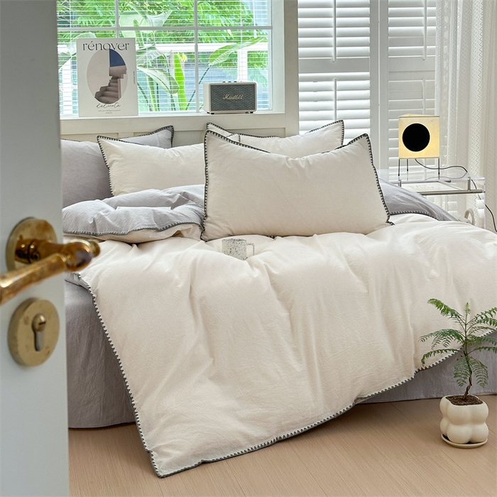 91家纺网 家纺一手货源 找家纺 晚依家纺 2025新款A类全棉色织水洗棉被套单件格子条纹四件套学生宿舍被罩三件套定制定做 时光-米灰