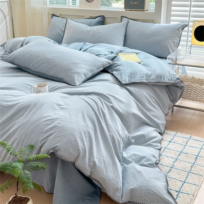91家纺网 家纺一手货源 找家纺 晚依家纺 2025新款A类全棉色织水洗棉被套单件格子条纹四件套学生宿舍被罩三件套定制定做 时光-浅蓝