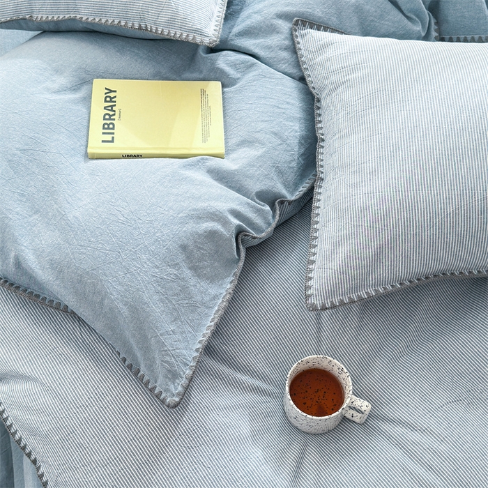 91家纺网 家纺一手货源 找家纺 晚依家纺 2025新款A类全棉色织水洗棉被套单件格子条纹四件套学生宿舍被罩三件套定制定做 时光-浅蓝
