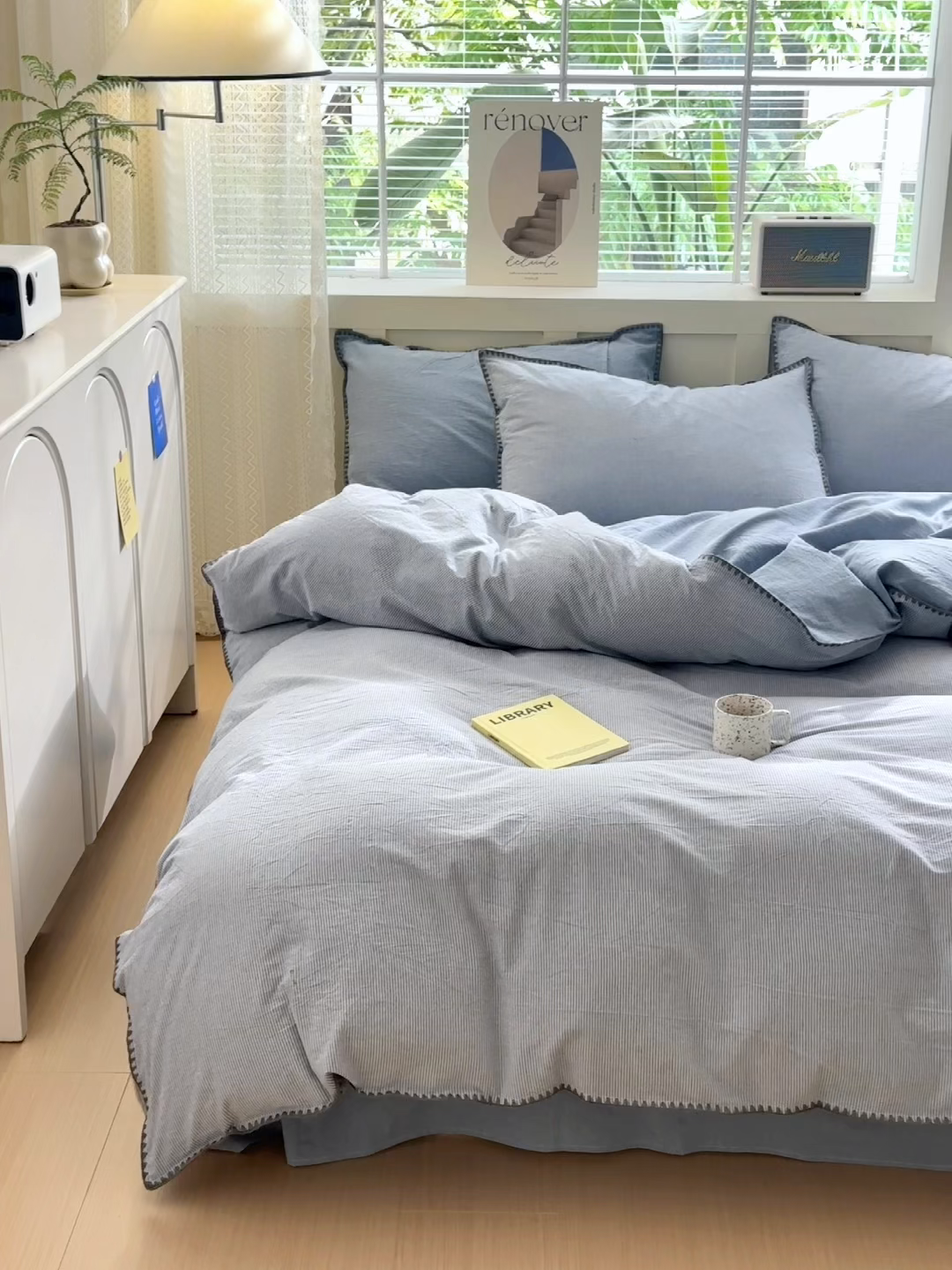 91家纺网 家纺一手货源 找家纺 晚依家纺 2025新款A类全棉色织水洗棉被套单件格子条纹四件套学生宿舍被罩三件套定制定做 时光-浅蓝