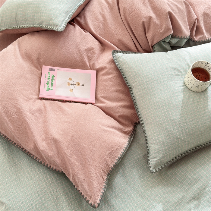 91家纺网 家纺一手货源 找家纺 晚依家纺 2025新款A类全棉色织水洗棉被套单件格子条纹四件套学生宿舍被罩三件套定制定做 星语-绿豆沙