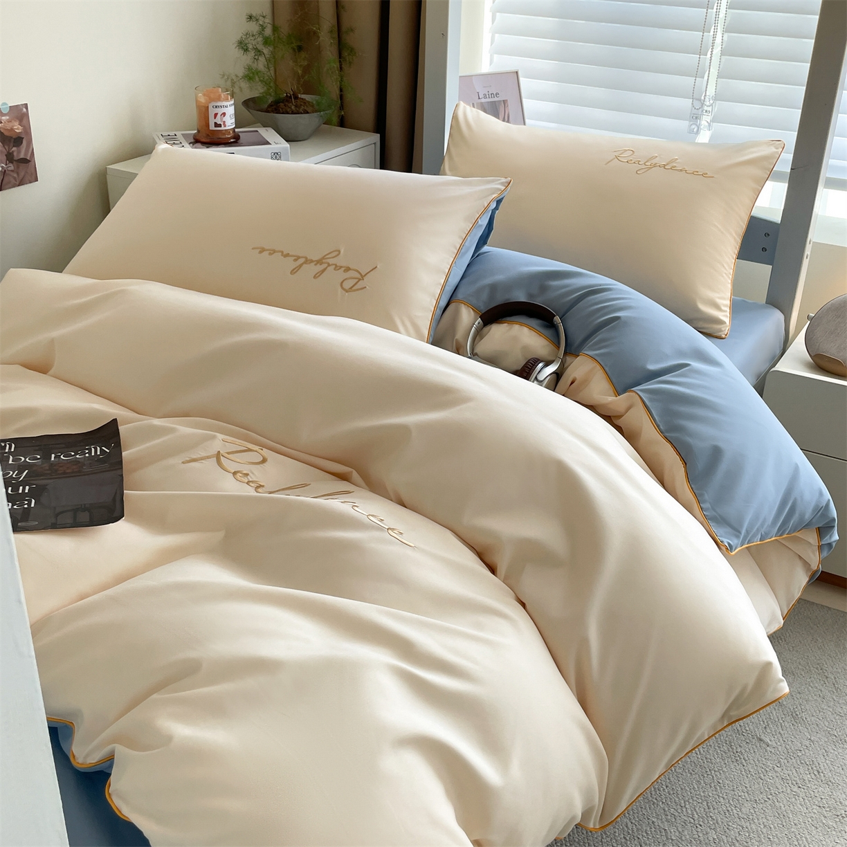 91家纺网 家纺一手货源 找家纺 小久久（小九九） 2025新款亲肤水洗棉麻绳款学生三件套-安琪系列 安琪-奶昔白+海清