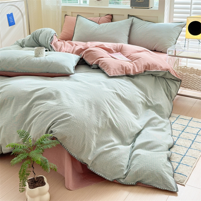 91家纺网 家纺一手货源 找家纺 晚依家纺 2025新款A类全棉色织水洗棉被套单件格子条纹四件套学生宿舍被罩三件套定制定做 星语-绿豆沙