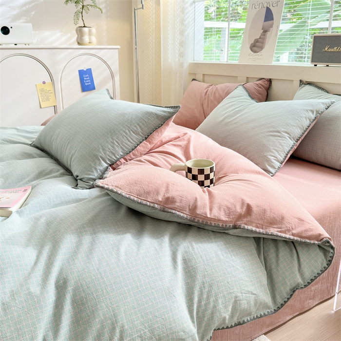 91家纺网 家纺一手货源 找家纺 晚依家纺 2025新款A类全棉色织水洗棉被套单件格子条纹四件套学生宿舍被罩三件套定制定做 星语-绿豆沙
