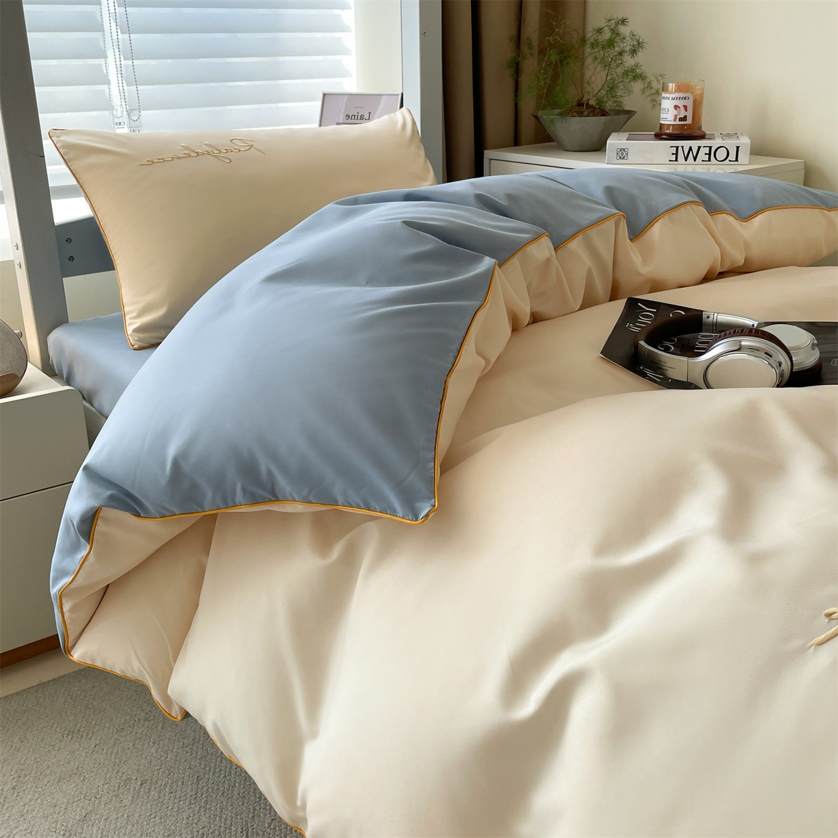 91家纺网 家纺一手货源 找家纺 小久久（小九九） 2025新款亲肤水洗棉麻绳款学生三件套-安琪系列 安琪-奶昔白+海清