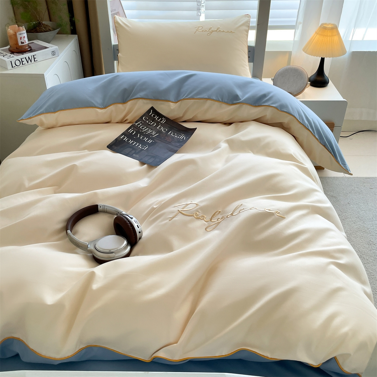 91家纺网 家纺一手货源 找家纺 小久久（小九九） 2025新款亲肤水洗棉麻绳款学生三件套-安琪系列 安琪-奶昔白+海清