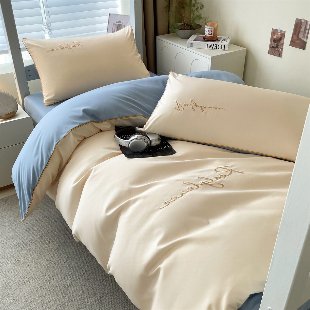 91家纺网 家纺一手货源 找家纺 小久久（小九九） 2025新款亲肤水洗棉麻绳款学生三件套-安琪系列 安琪-奶昔白+海清