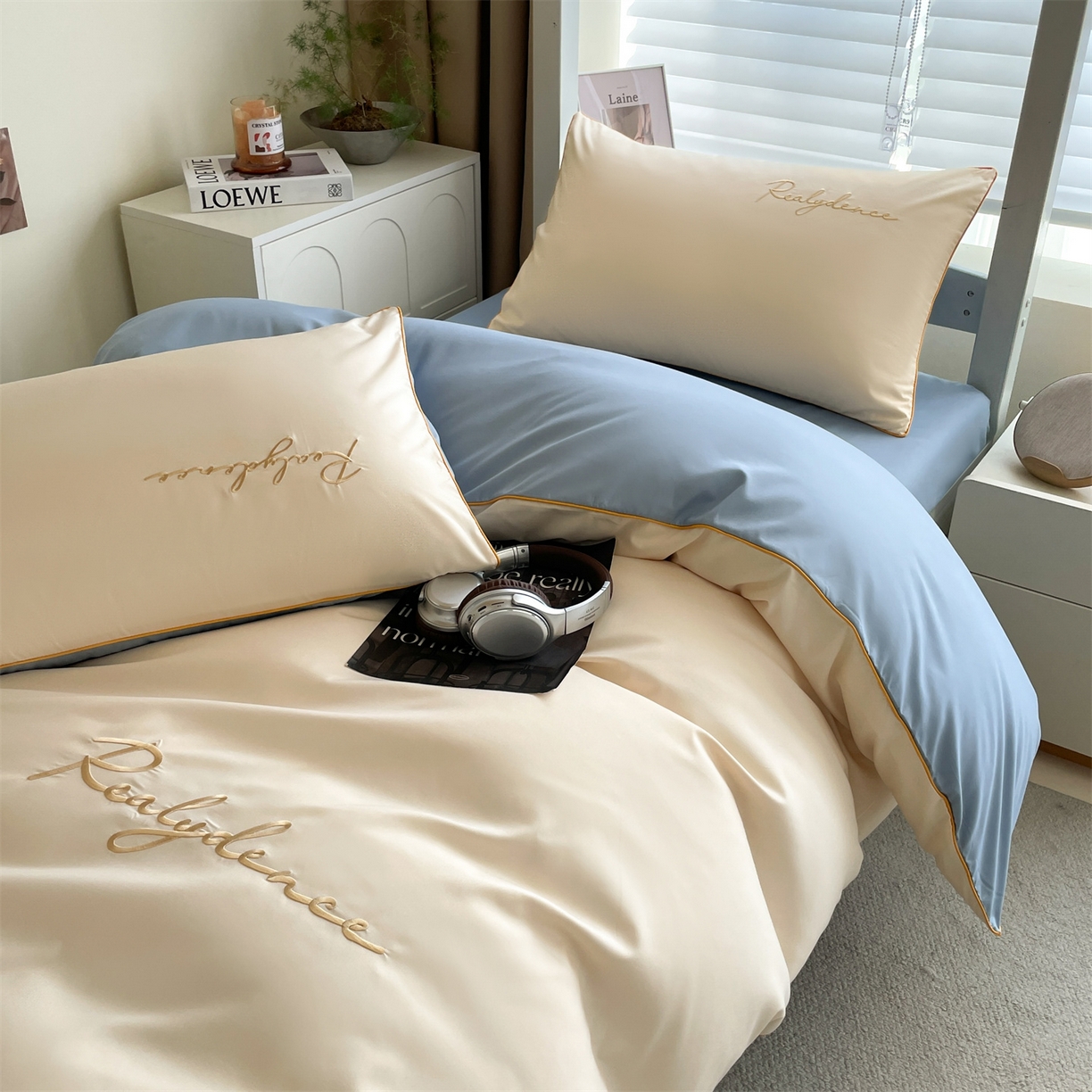 91家纺网 家纺一手货源 找家纺 小久久（小九九） 2025新款亲肤水洗棉麻绳款学生三件套-安琪系列 安琪-奶昔白+海清