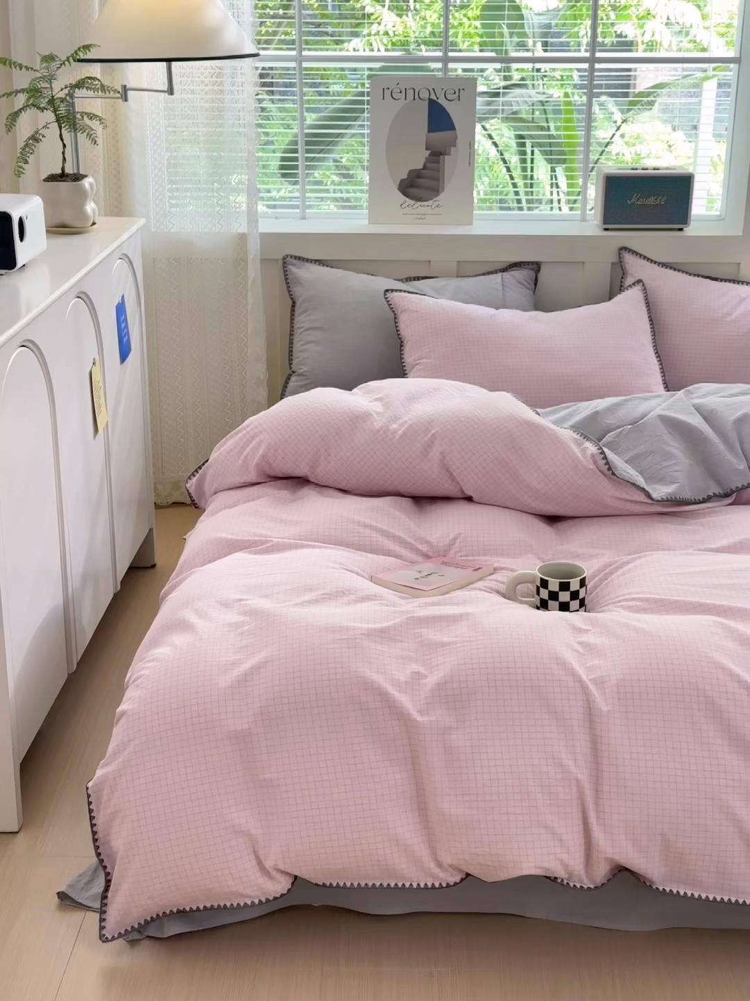 91家纺网 家纺一手货源 找家纺 晚依家纺 2025新款A类全棉色织水洗棉被套单件格子条纹四件套学生宿舍被罩三件套定制定做 星语-浅粉灰