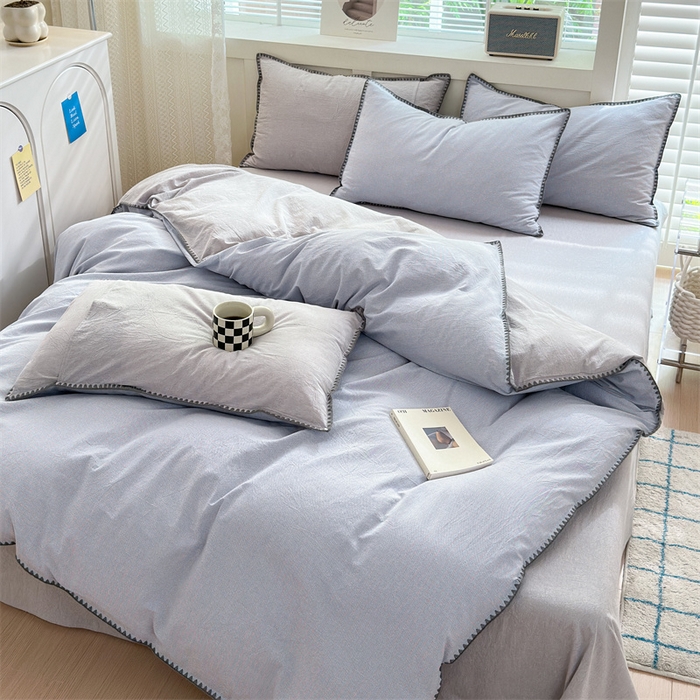 91家纺网 家纺一手货源 找家纺 晚依家纺 2025新款A类全棉色织水洗棉被套单件格子条纹四件套学生宿舍被罩三件套定制定做 星语-浅灰