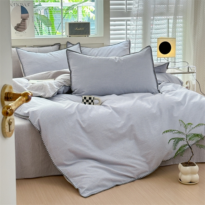 91家纺网 家纺一手货源 找家纺 晚依家纺 2025新款A类全棉色织水洗棉被套单件格子条纹四件套学生宿舍被罩三件套定制定做 星语-浅灰