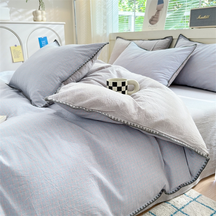91家纺网 家纺一手货源 找家纺 晚依家纺 2025新款A类全棉色织水洗棉被套单件格子条纹四件套学生宿舍被罩三件套定制定做 星语-浅灰