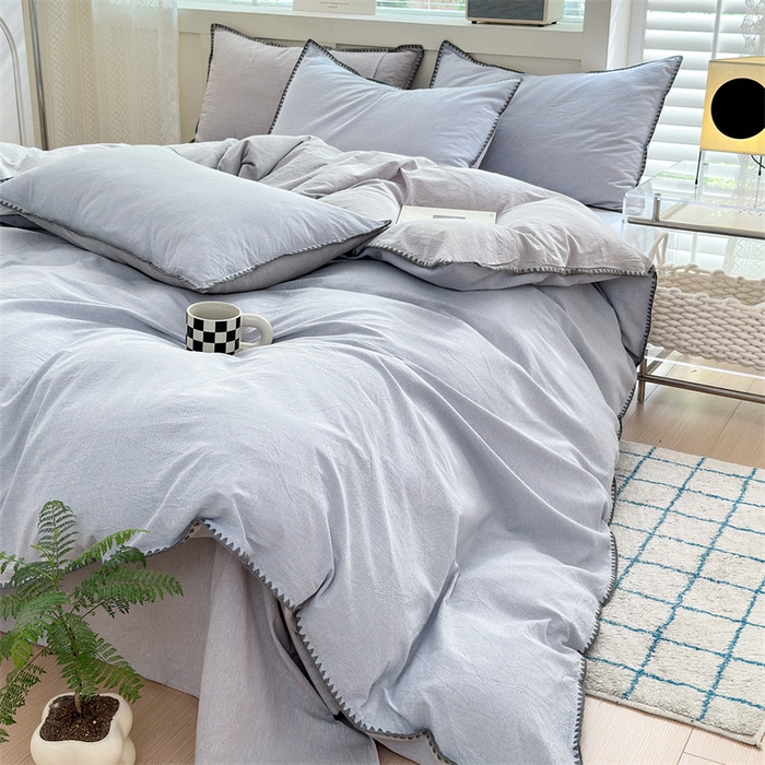 91家纺网 家纺一手货源 找家纺 晚依家纺 2025新款A类全棉色织水洗棉被套单件格子条纹四件套学生宿舍被罩三件套定制定做 星语-浅灰