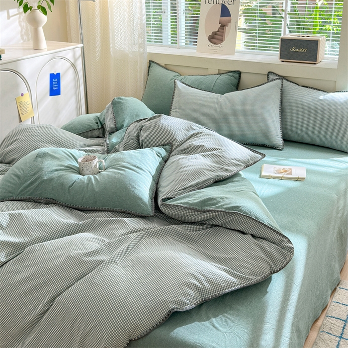 91家纺网 家纺一手货源 找家纺 晚依家纺 2025新款A类全棉色织水洗棉被套单件格子条纹四件套学生宿舍被罩三件套定制定做 遇见-草绿