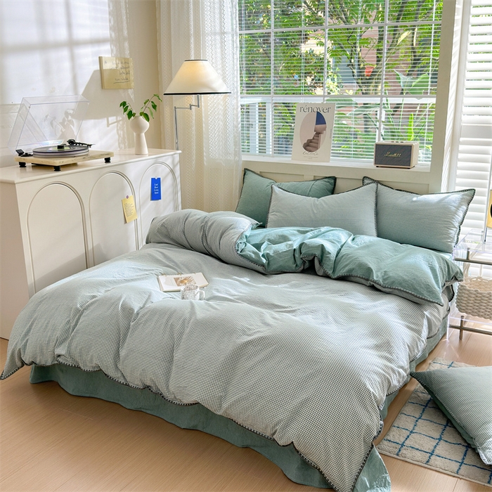 91家纺网 家纺一手货源 找家纺 晚依家纺 2025新款A类全棉色织水洗棉被套单件格子条纹四件套学生宿舍被罩三件套定制定做 遇见-草绿