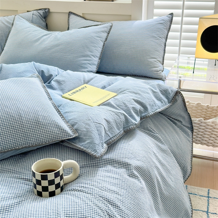 91家纺网 家纺一手货源 找家纺 晚依家纺 2025新款A类全棉色织水洗棉被套单件格子条纹四件套学生宿舍被罩三件套定制定做 遇见-浅蓝