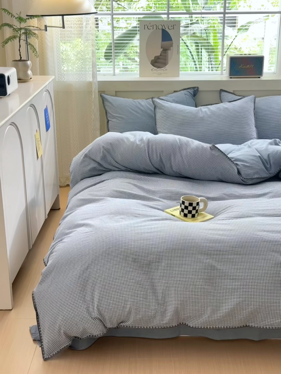 91家纺网 家纺一手货源 找家纺 晚依家纺 2025新款A类全棉色织水洗棉被套单件格子条纹四件套学生宿舍被罩三件套定制定做 遇见-浅蓝