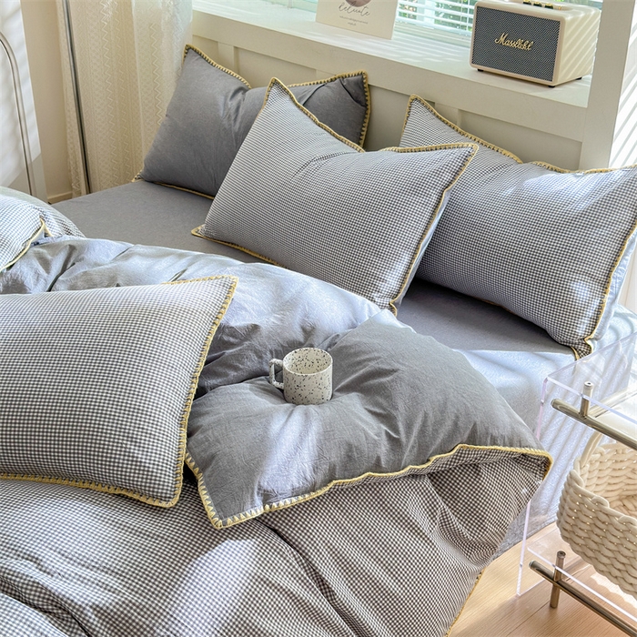 91家纺网 家纺一手货源 找家纺 晚依家纺 2025新款A类全棉色织水洗棉被套单件格子条纹四件套学生宿舍被罩三件套定制定做 遇见-中灰