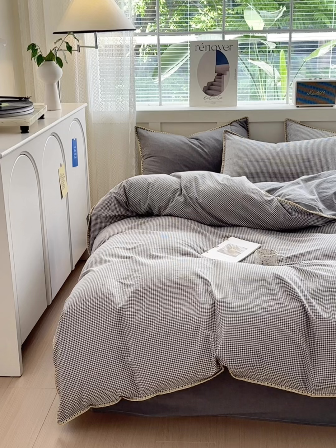 91家纺网 家纺一手货源 找家纺 晚依家纺 2025新款A类全棉色织水洗棉被套单件格子条纹四件套学生宿舍被罩三件套定制定做 遇见-中灰