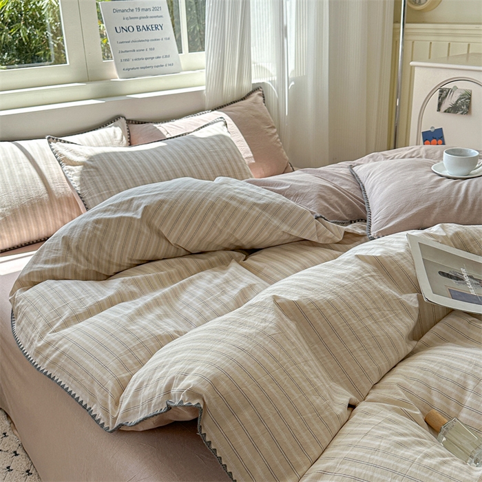 91家纺网 家纺一手货源 找家纺 晚依家纺 2025新款A类全棉色织水洗棉被套单件格子条纹四件套学生宿舍被罩三件套定制定做 乐事-米杏