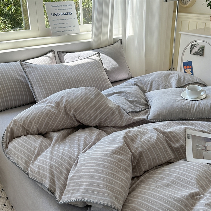 91家纺网 家纺一手货源 找家纺 晚依家纺 2025新款A类全棉色织水洗棉被套单件格子条纹四件套学生宿舍被罩三件套定制定做 乐事-浅灰