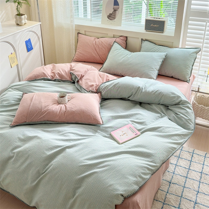 91家纺网 家纺一手货源 找家纺 晚依家纺 2025新款A类全棉色织水洗棉被套单件格子条纹四件套学生宿舍被罩三件套定制定做 星语-绿豆沙