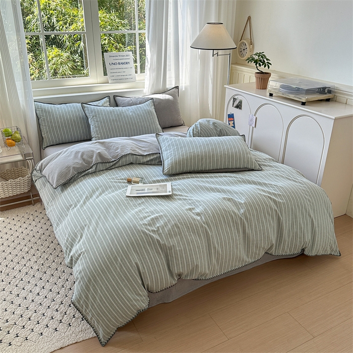 91家纺网 家纺一手货源 找家纺 （总）晚依家纺 2025新款A类全棉色织水洗棉被套单件格子条纹四件套学生宿舍被罩三件套定制定做