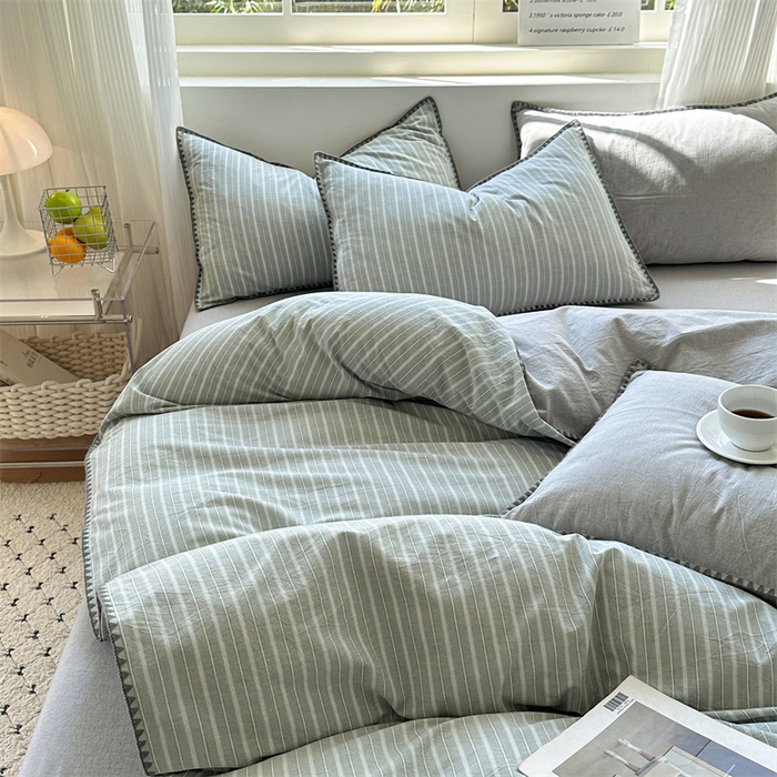 91家纺网 家纺一手货源 找家纺 （总）晚依家纺 2025新款A类全棉色织水洗棉被套单件格子条纹四件套学生宿舍被罩三件套定制定做