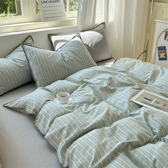 91家纺网 家纺一手货源 找家纺 （总）晚依家纺 2025新款A类全棉色织水洗棉被套单件格子条纹四件套学生宿舍被罩三件套定制定做