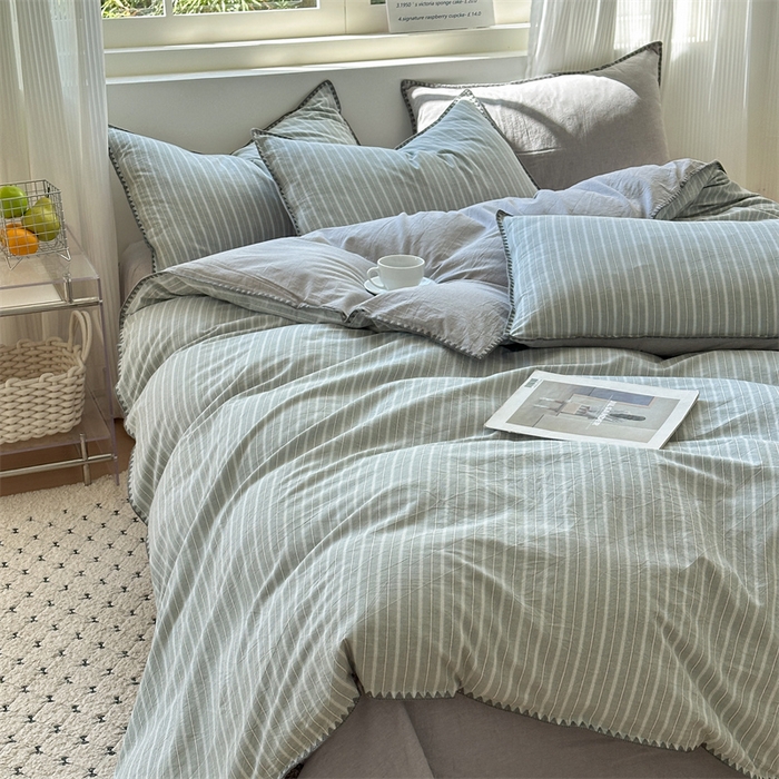 91家纺网 家纺一手货源 找家纺 （总）晚依家纺 2025新款A类全棉色织水洗棉被套单件格子条纹四件套学生宿舍被罩三件套定制定做