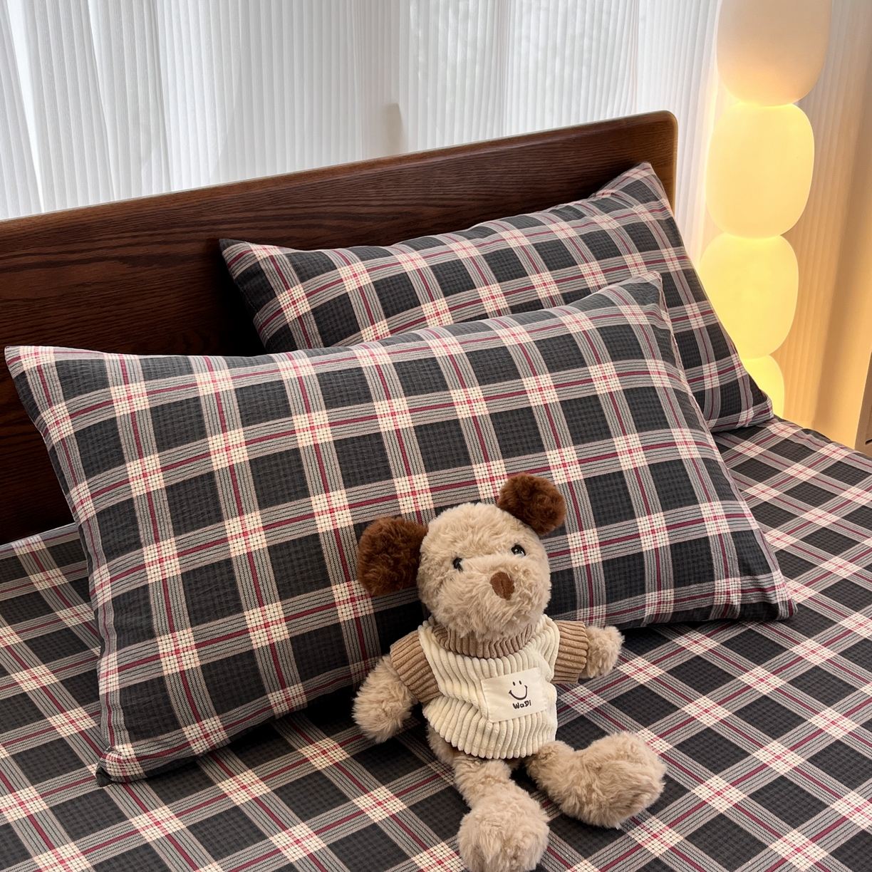 韩巢家纺 2025新款复古风格子双层纱单枕套 幻夜