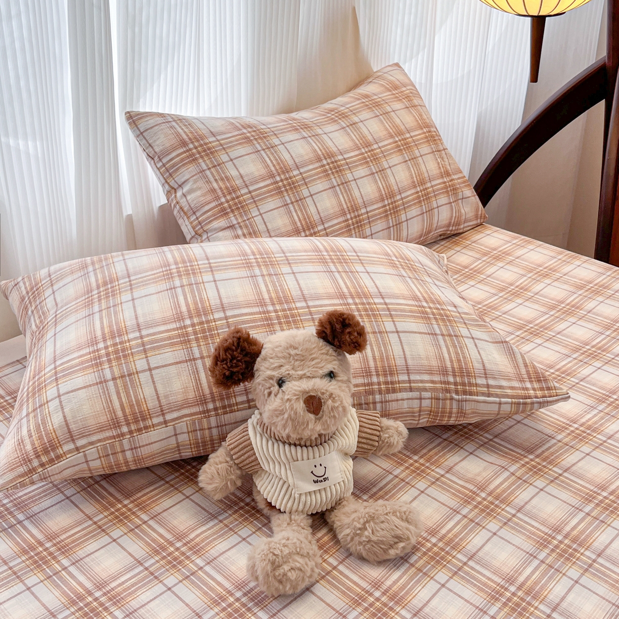 91家纺网 家纺一手货源 找家纺 韩巢家纺 2025新款复古风格子双层纱单枕套 鹿灵