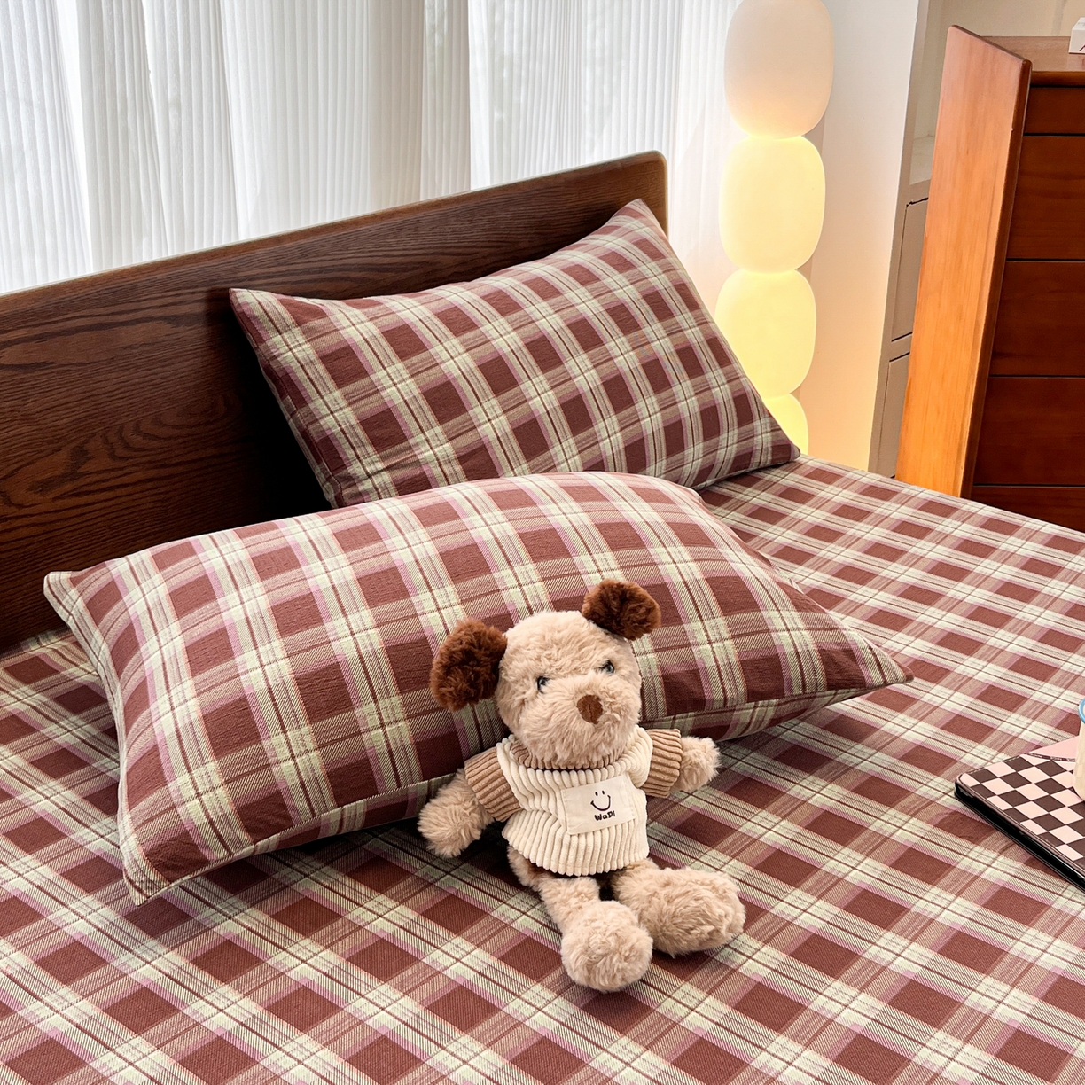 91家纺网 家纺一手货源 找家纺 韩巢家纺 2025新款复古风格子双层纱单枕套 薄巧