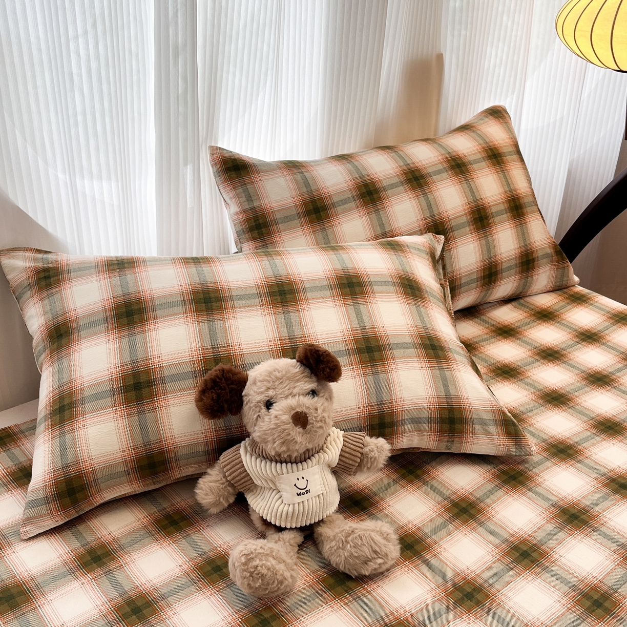 91家纺网 家纺一手货源 找家纺 韩巢家纺 2025新款复古风格子双层纱单枕套 葵野