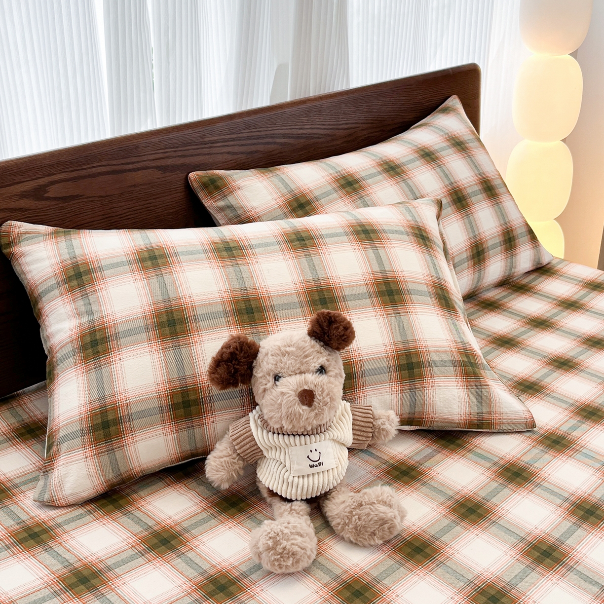 韩巢家纺 2025新款复古风格子双层纱单枕套 葵野