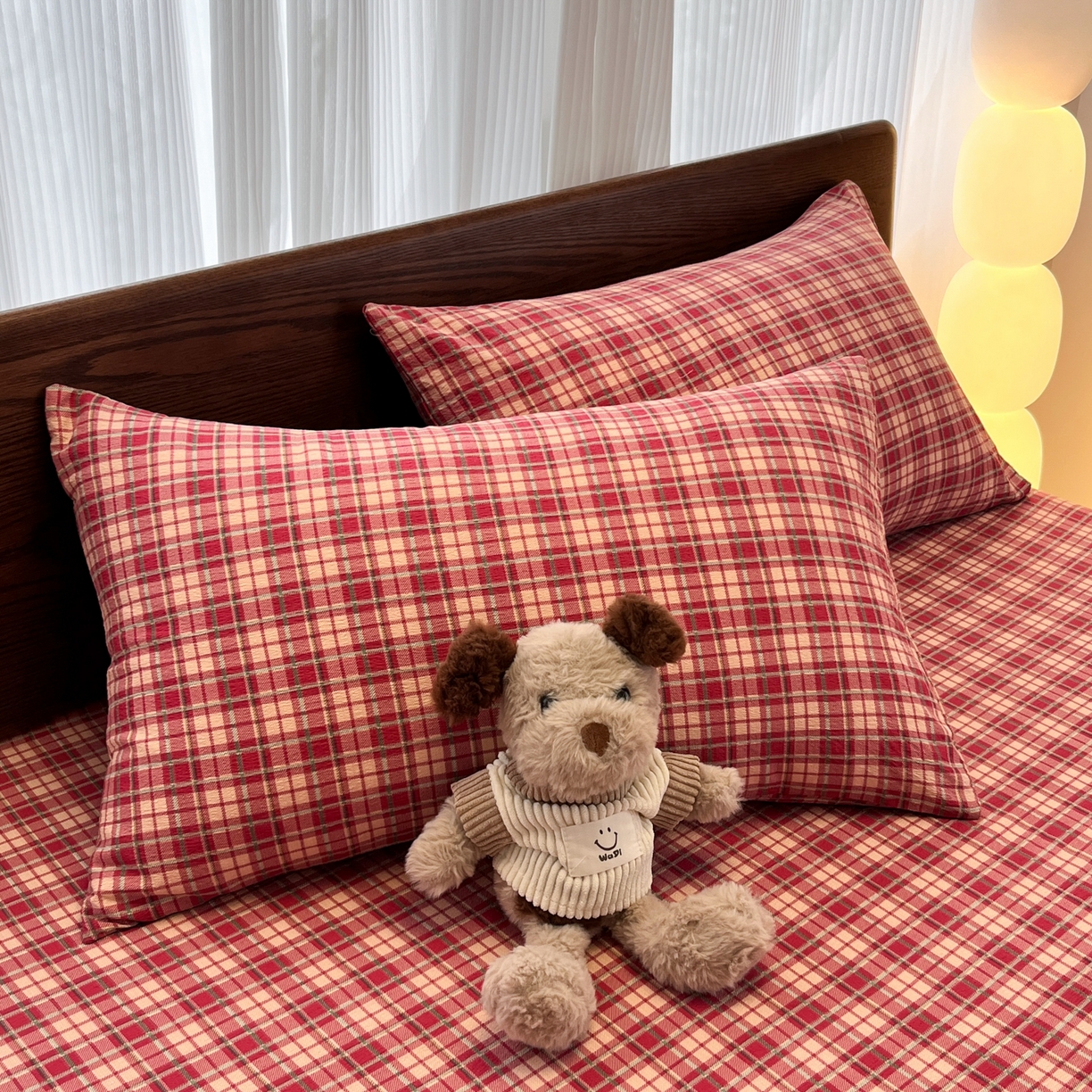 韩巢家纺 2025新款复古风格子双层纱单枕套 圣诞