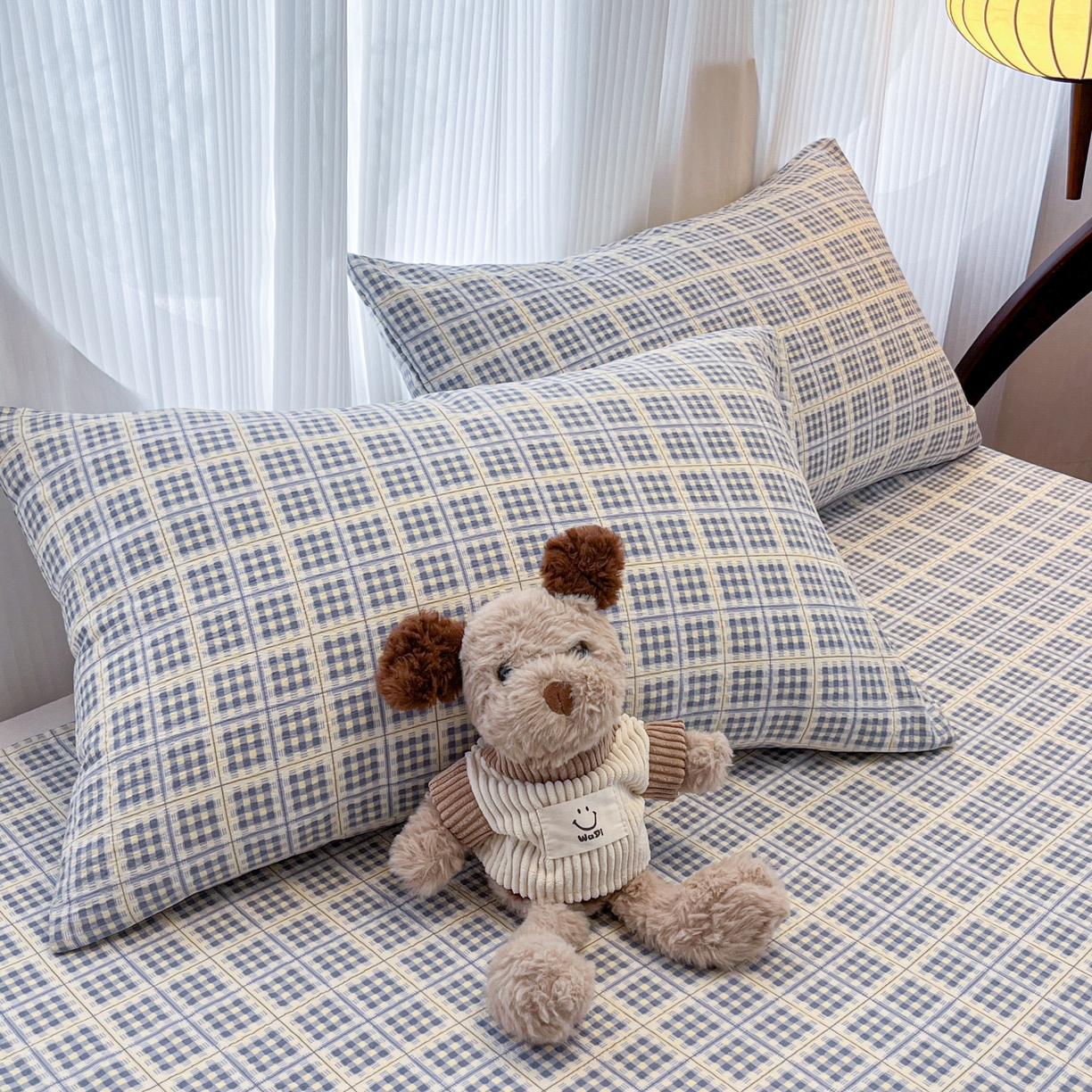 91家纺网 家纺一手货源 找家纺 韩巢家纺 2025新款复古风格子双层纱单枕套 银河