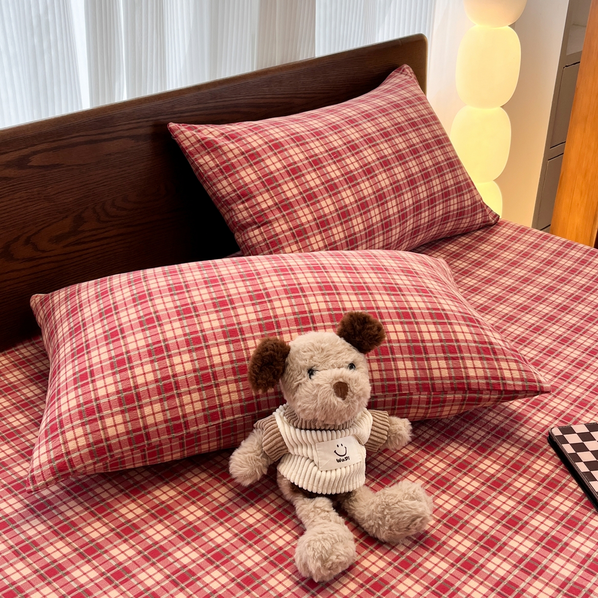 91家纺网 家纺一手货源 找家纺 韩巢家纺 2025新款复古风格子双层纱单枕套 圣诞