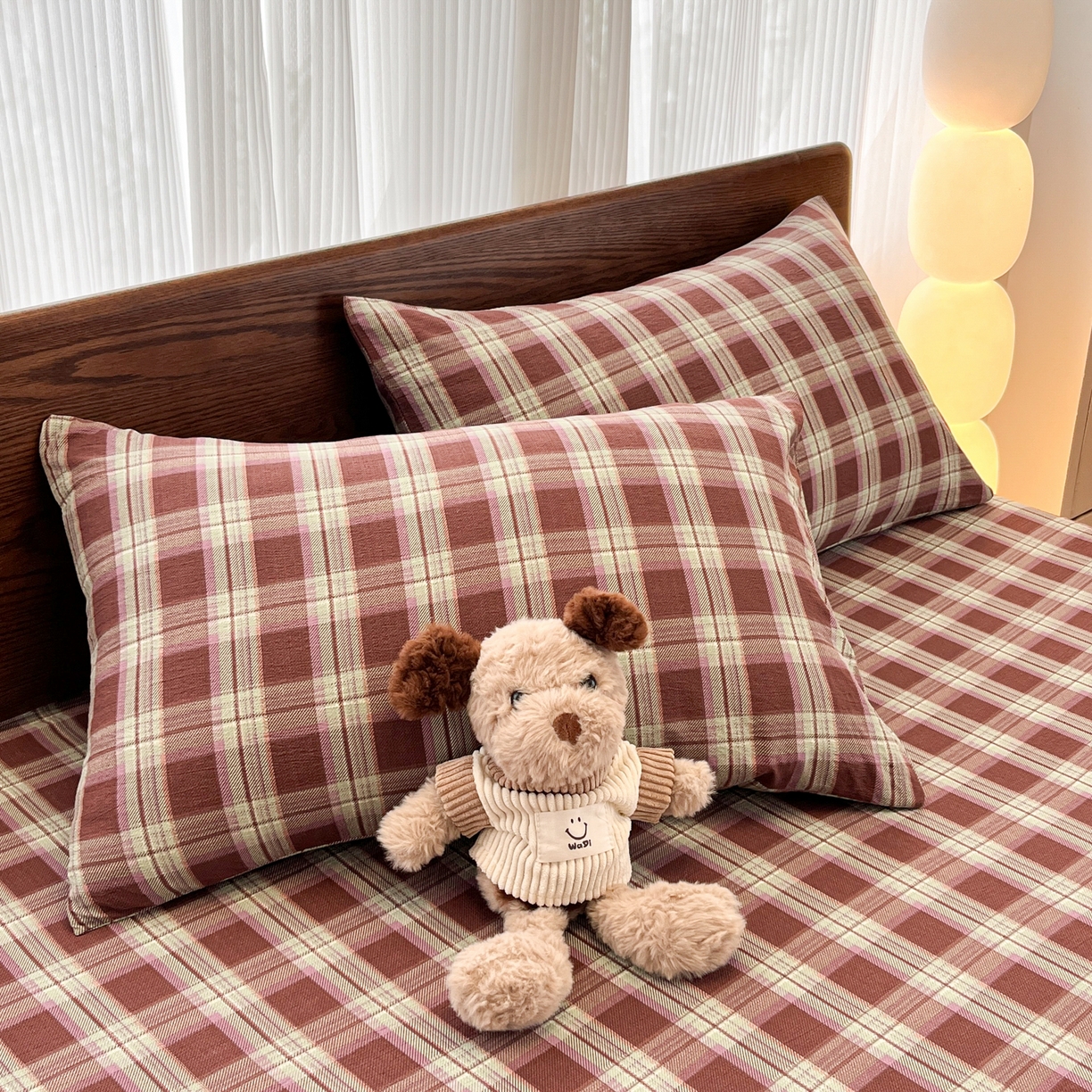 91家纺网 家纺一手货源 找家纺 韩巢家纺 2025新款复古风格子双层纱单枕套 薄巧