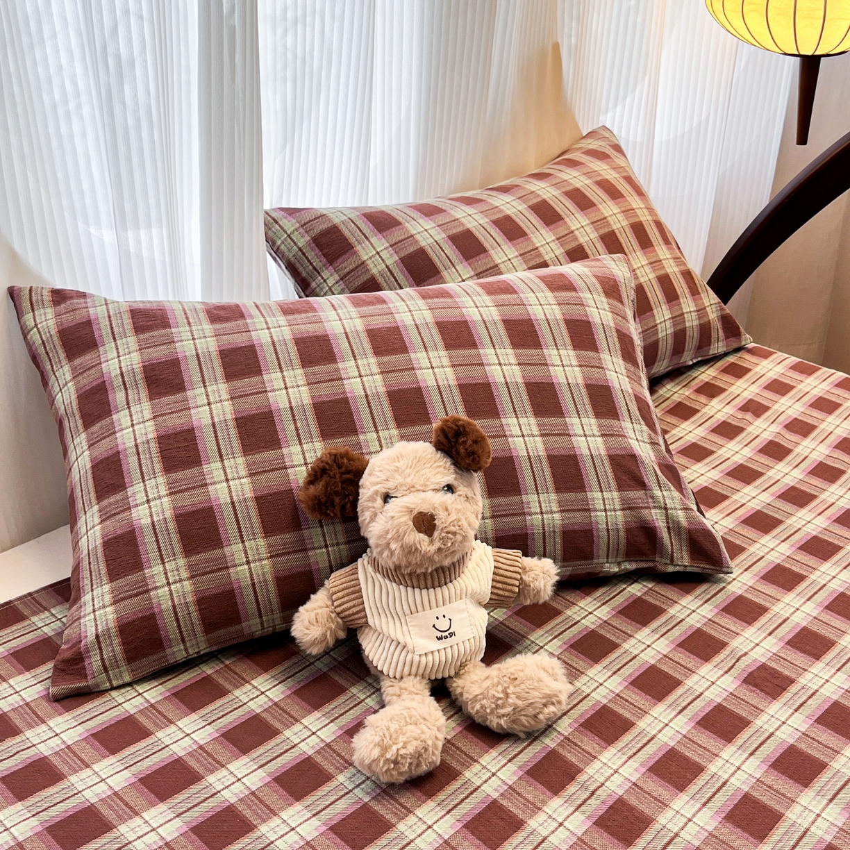 韩巢家纺 2025新款复古风格子双层纱单枕套 薄巧