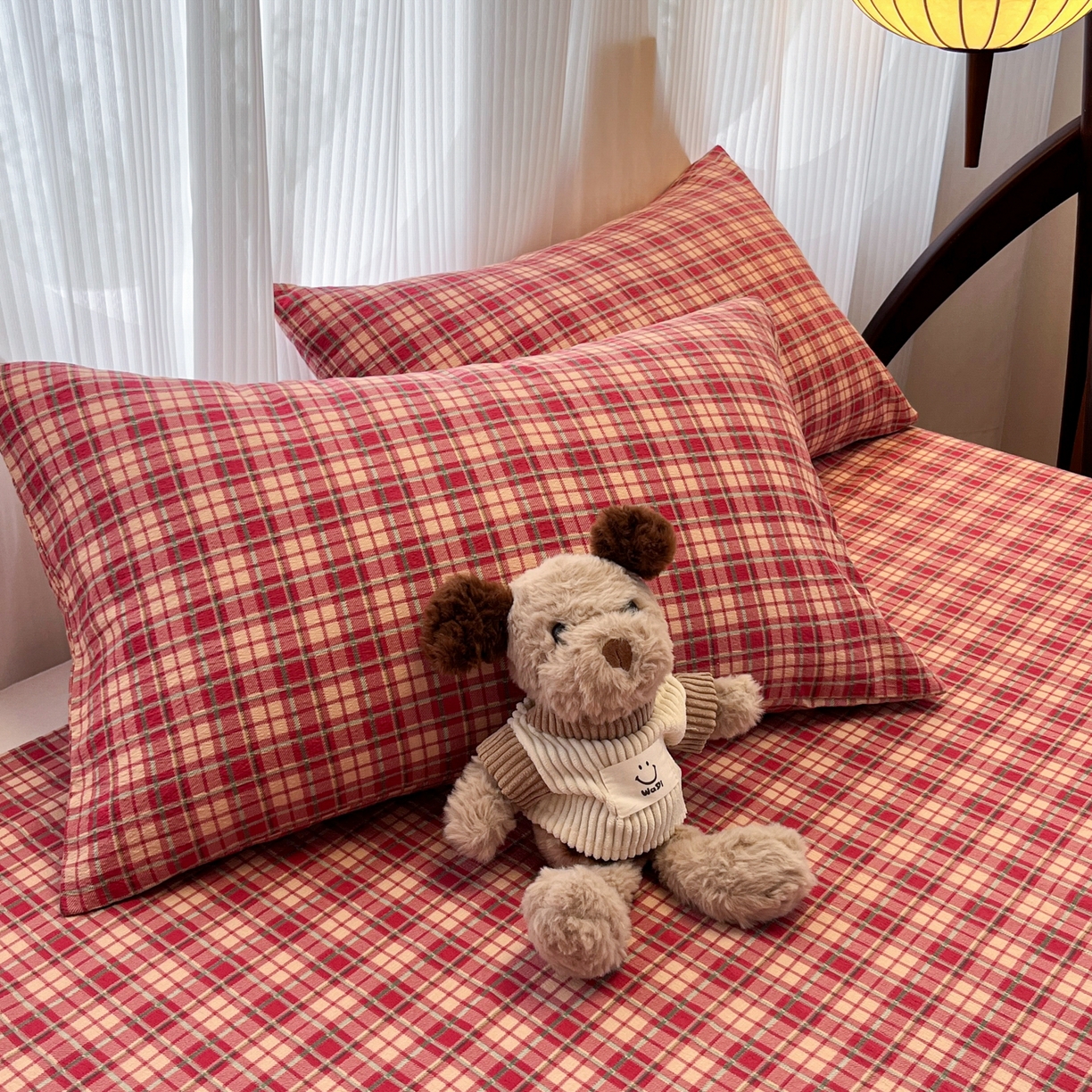 91家纺网 家纺一手货源 找家纺 韩巢家纺 2025新款复古风格子双层纱单枕套 圣诞