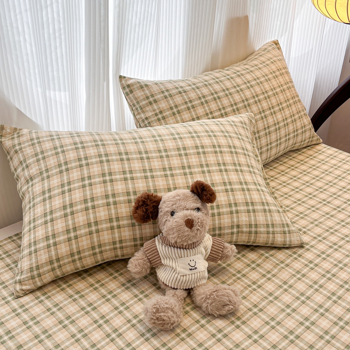 91家纺网 家纺一手货源 找家纺 韩巢家纺 2025新款复古风格子双层纱单枕套 松野