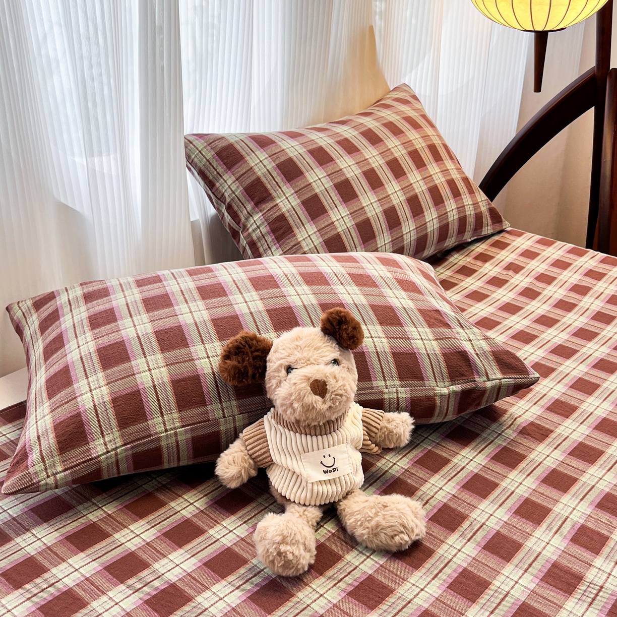 91家纺网 家纺一手货源 找家纺 韩巢家纺 2025新款复古风格子双层纱单枕套 薄巧